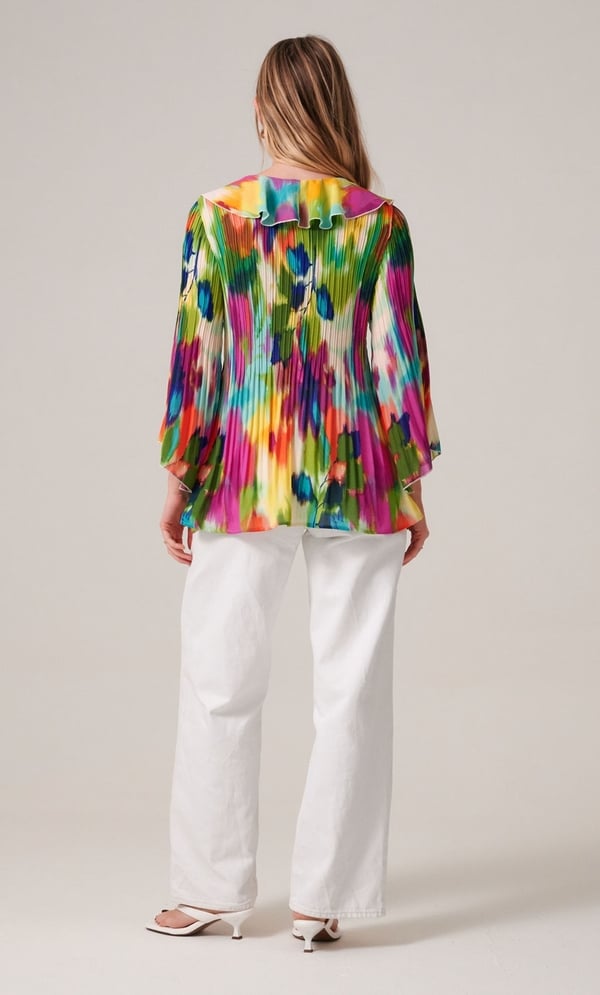Abstract Print Pleated Ruffle Top