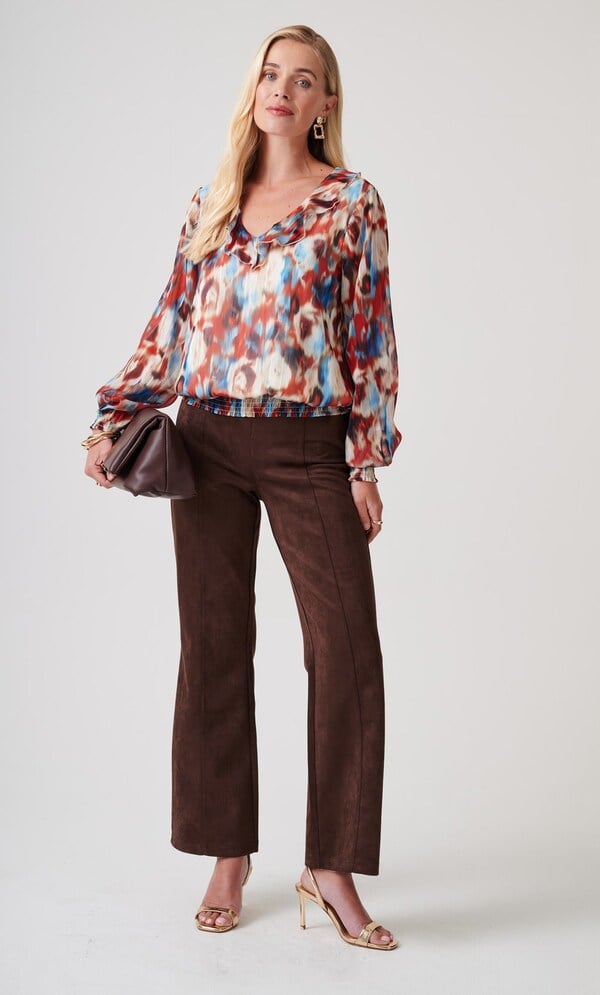 Abstract Print Shirred Hem Blouse