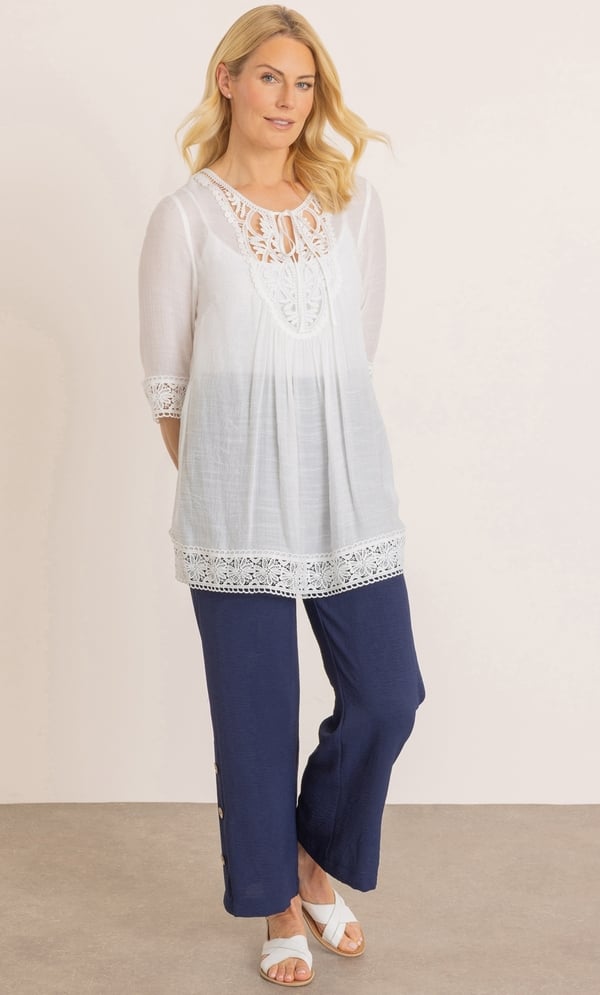 Lace Trimmed Tie Neck Top