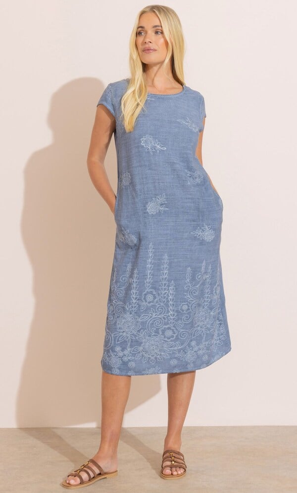 Embroidered Linen Blend Midi Dress