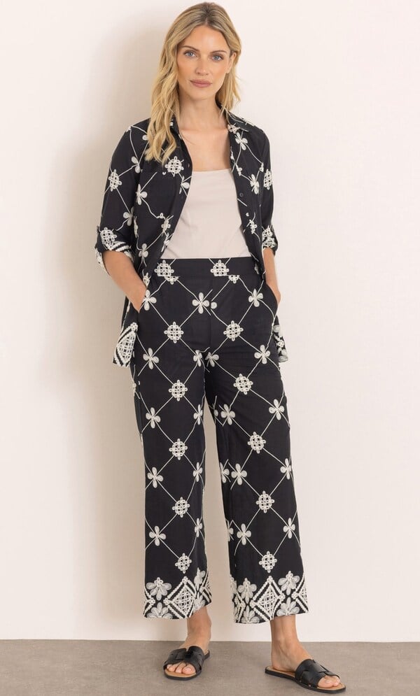 Embroidered Wide Leg Pull On Cotton Trousers