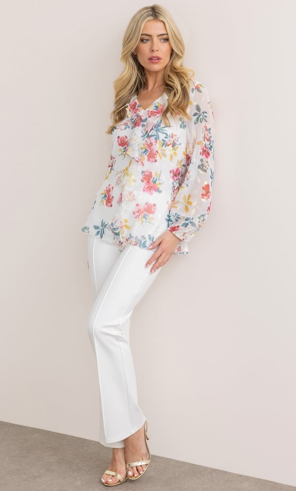 Floral Shimmer Frill Top in White | Klass