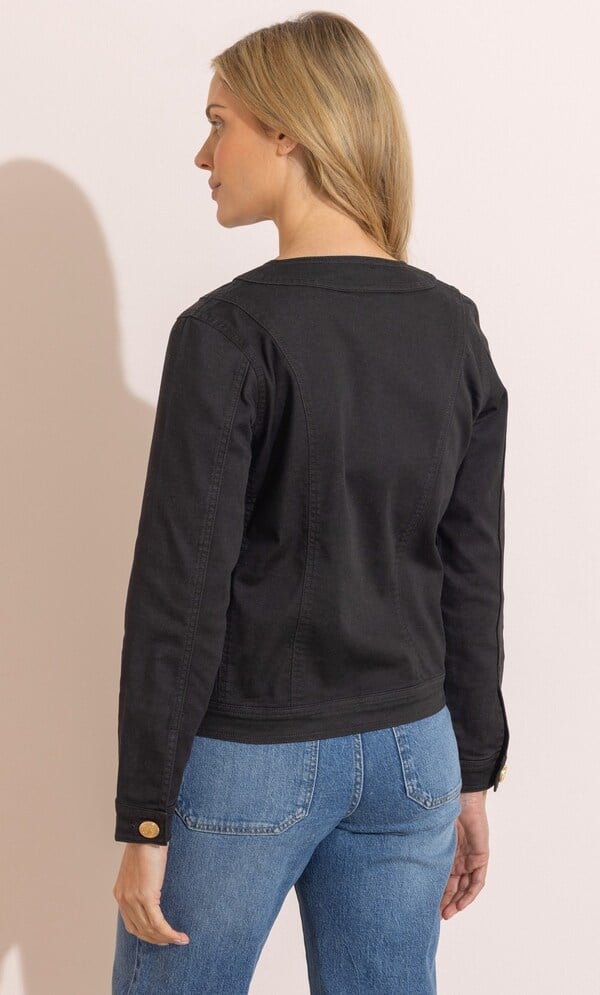 Collarless Cotton Blend Denim Jacket