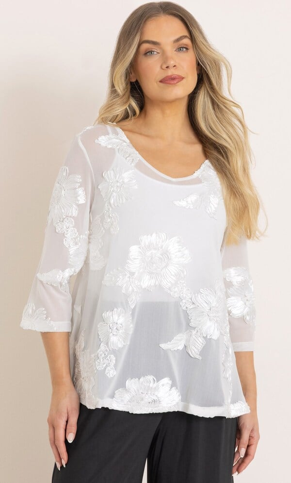V Neck Floral Mesh Top