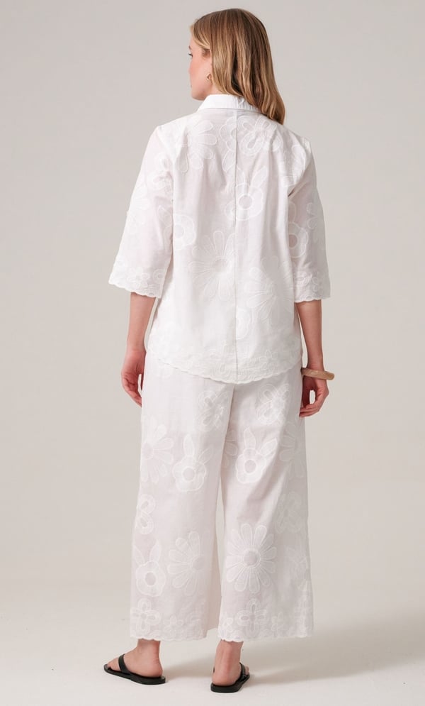 Embroidered Cotton Wide Leg Cropped Trousers