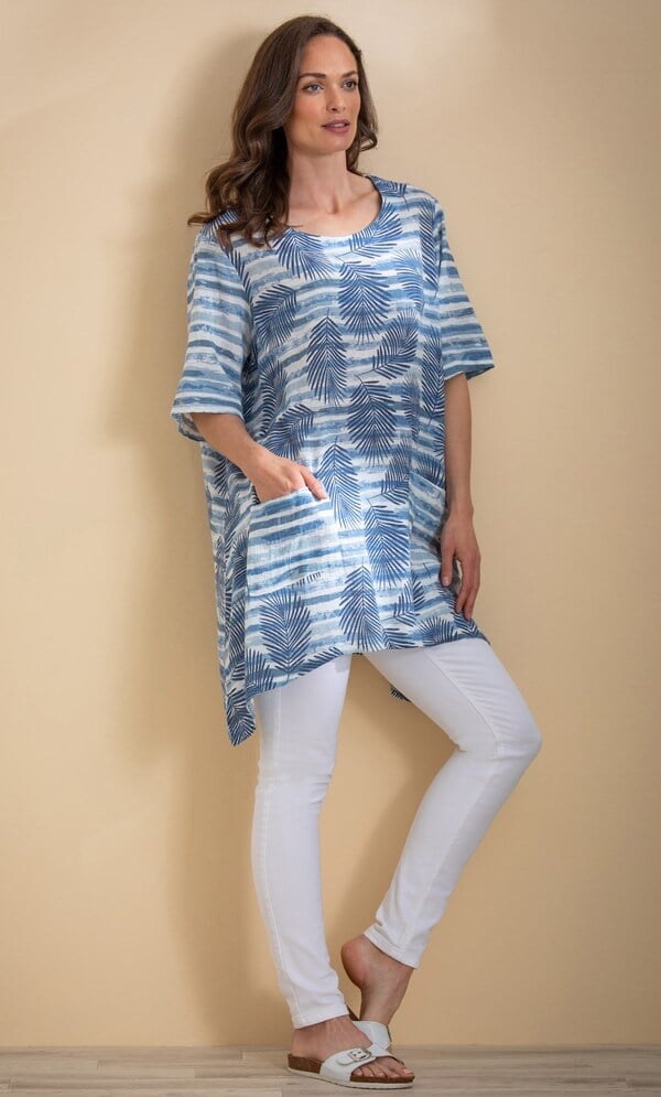 Leaf And Stripe Print Cotton Tunic Top