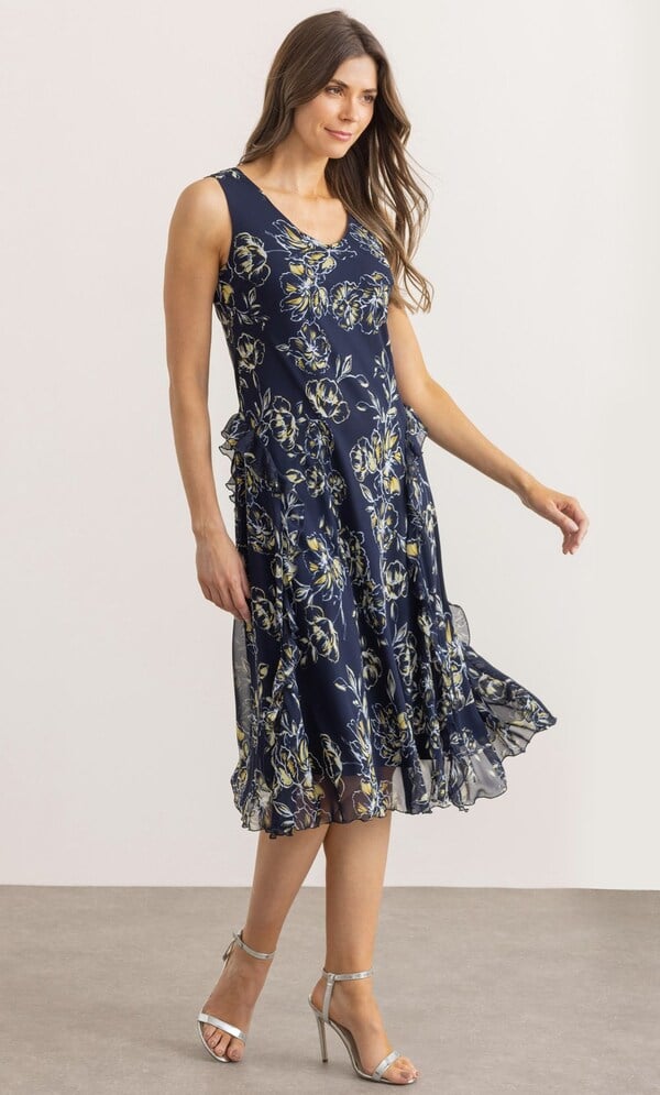Bias Cut Floral Print Ruffle Midi Dress