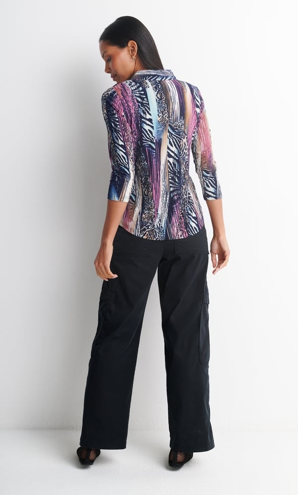 Anna Rose Textured Print Zip Detail Polo Top