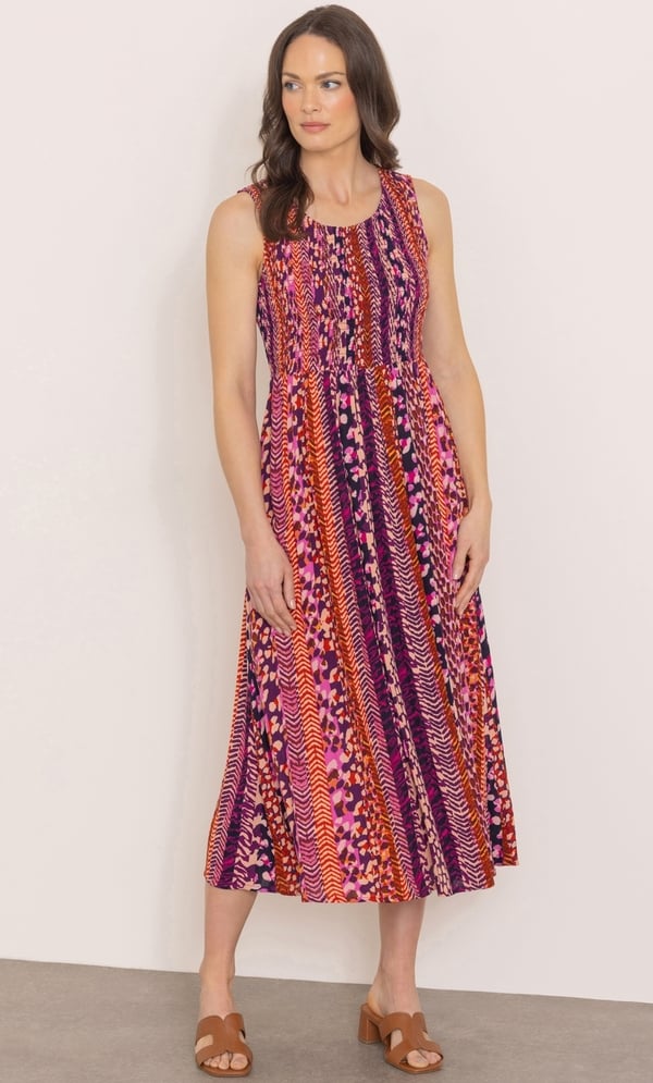 Abstract Print Smocked Midaxi Dress