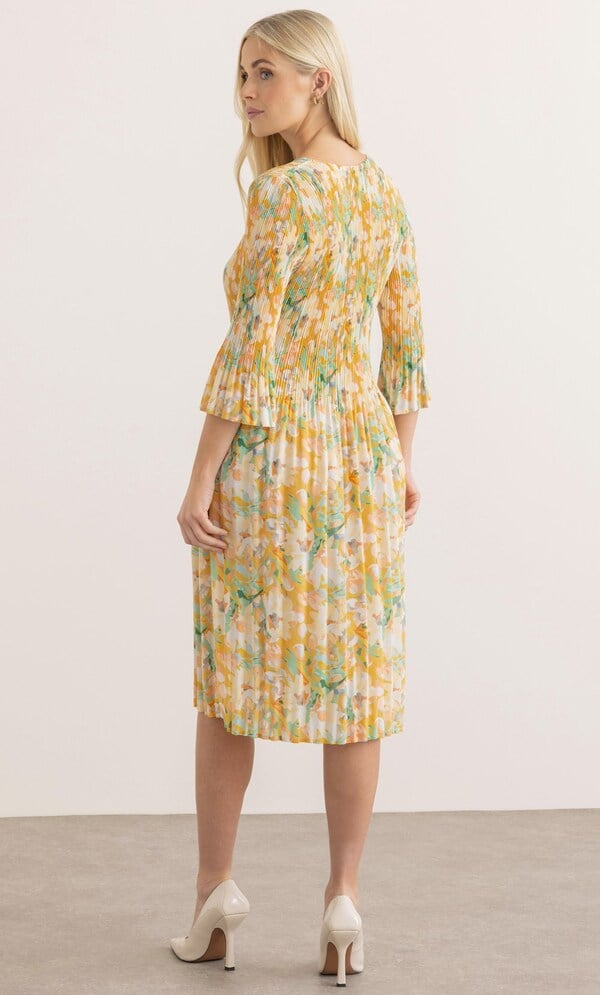 Three Quarter Sleeve Botanical Print Pleated Dress