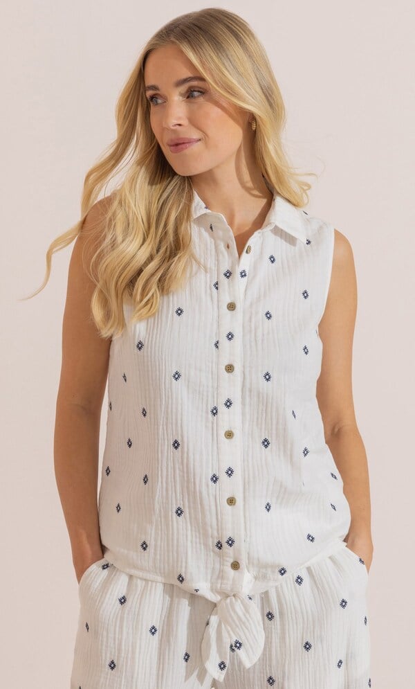 Embroidered Textured Sleeveless Cotton Top