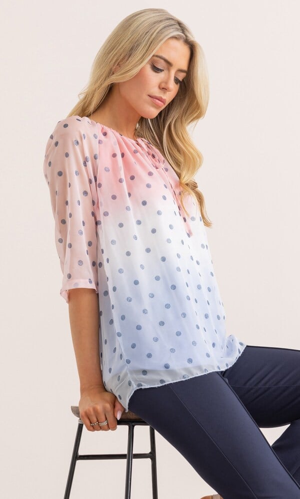 Ombre Spotty Tie Neck Top