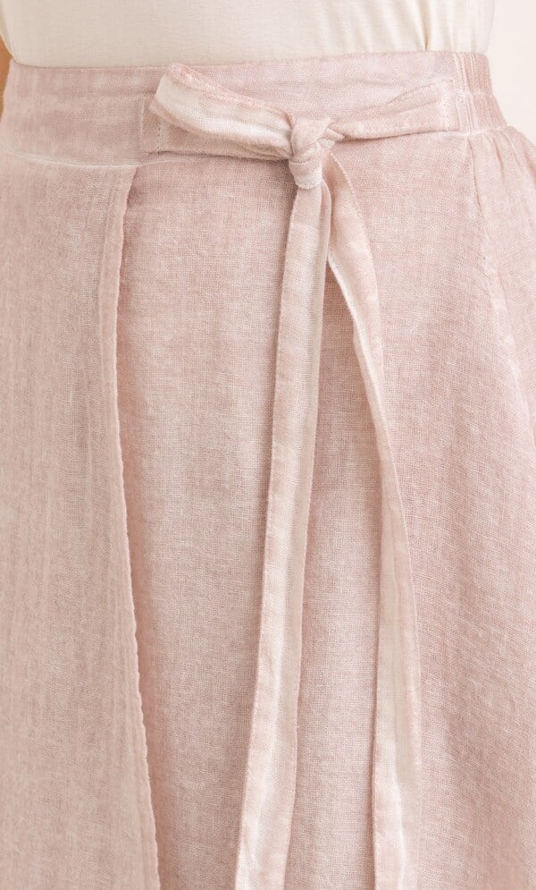 Linen Blend Mock Wrap Midi Skirt