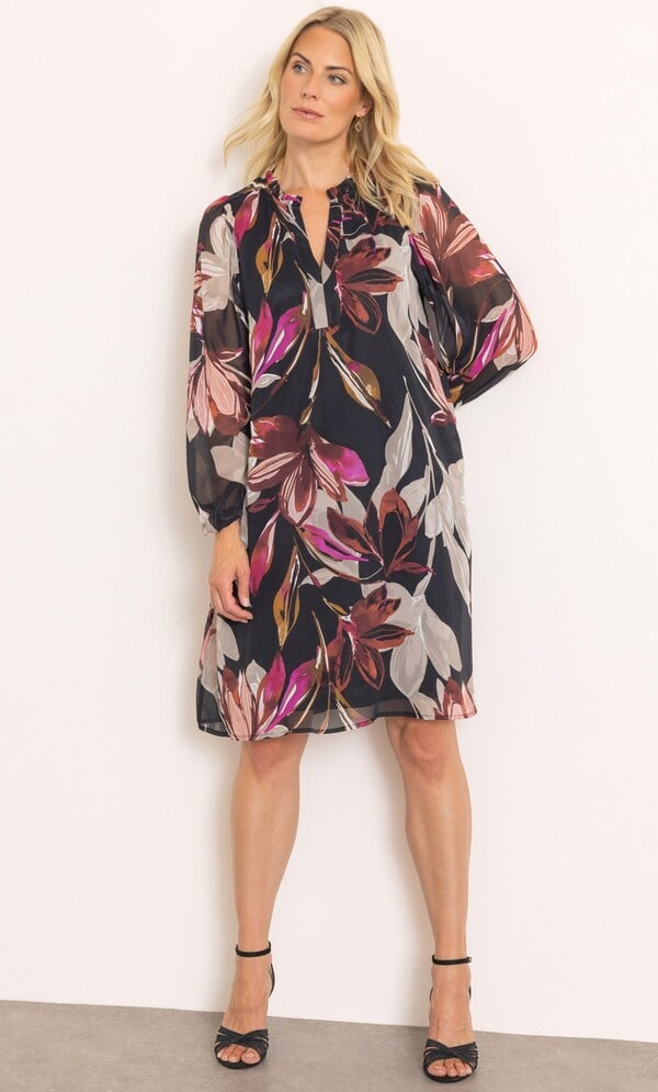 Long Sleeve Textured Floral Print Dress