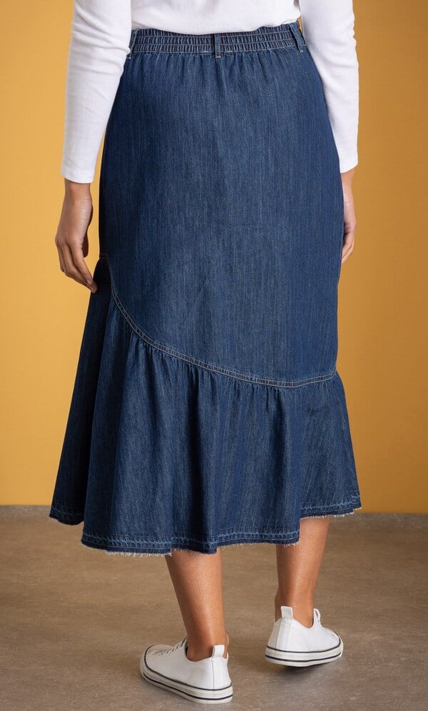 Raw Edge Cotton Denim Skirt in Blue | Klass