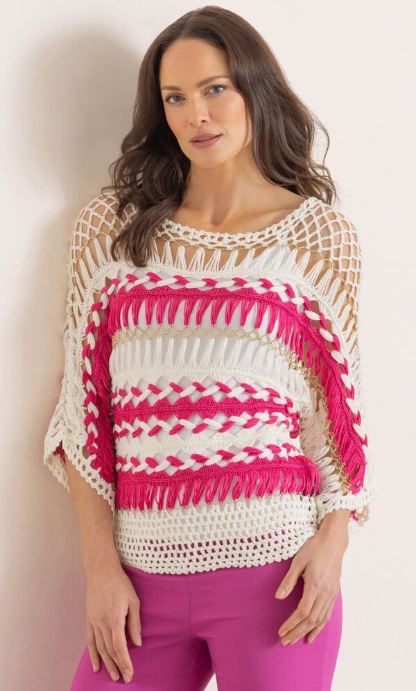 Striped Open Knit Top in White | Klass