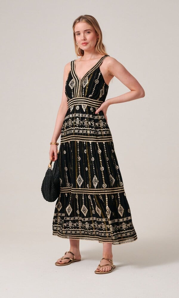 Embellished Foil Printed Sleeveless Midaxi Dress
