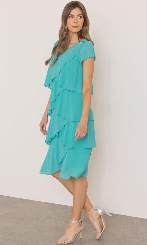 Embellished Layered Short Sleeve Dress in Blue