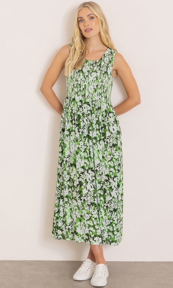 Garden Print Smocked Midaxi Dress