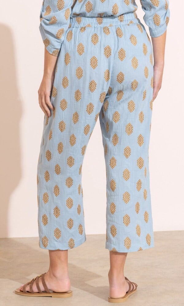 Geometric Embroidered Wide Leg Cropped Cotton Trousers