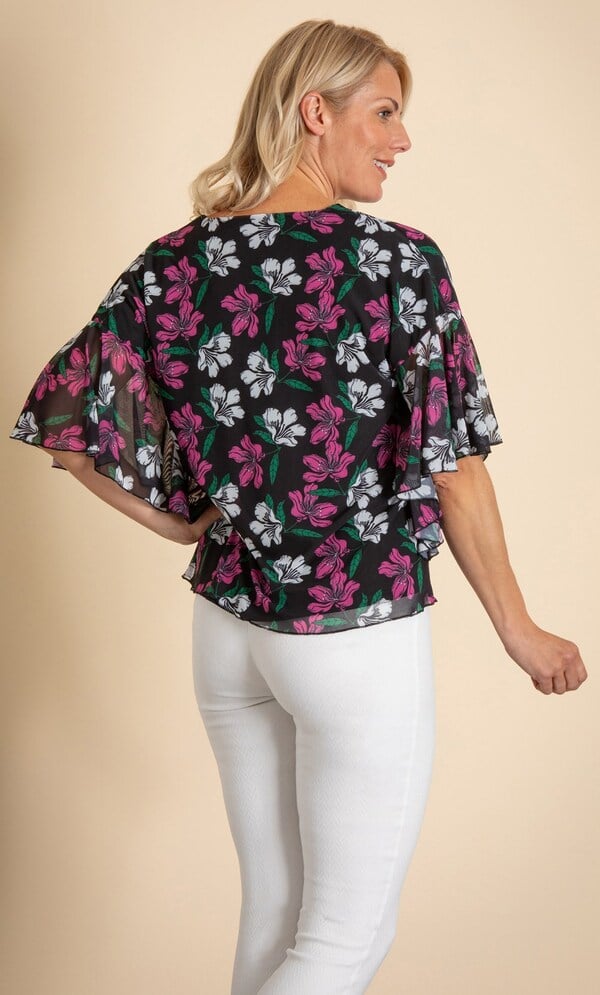 Floral Printed Angel Sleeve Mesh Top
