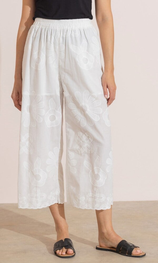 Embroidered Cotton Wide Leg Cropped Trousers