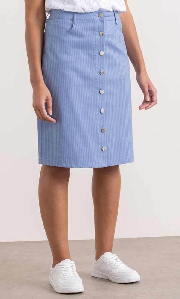 Striped Button Fastening Cotton Blend Skirt