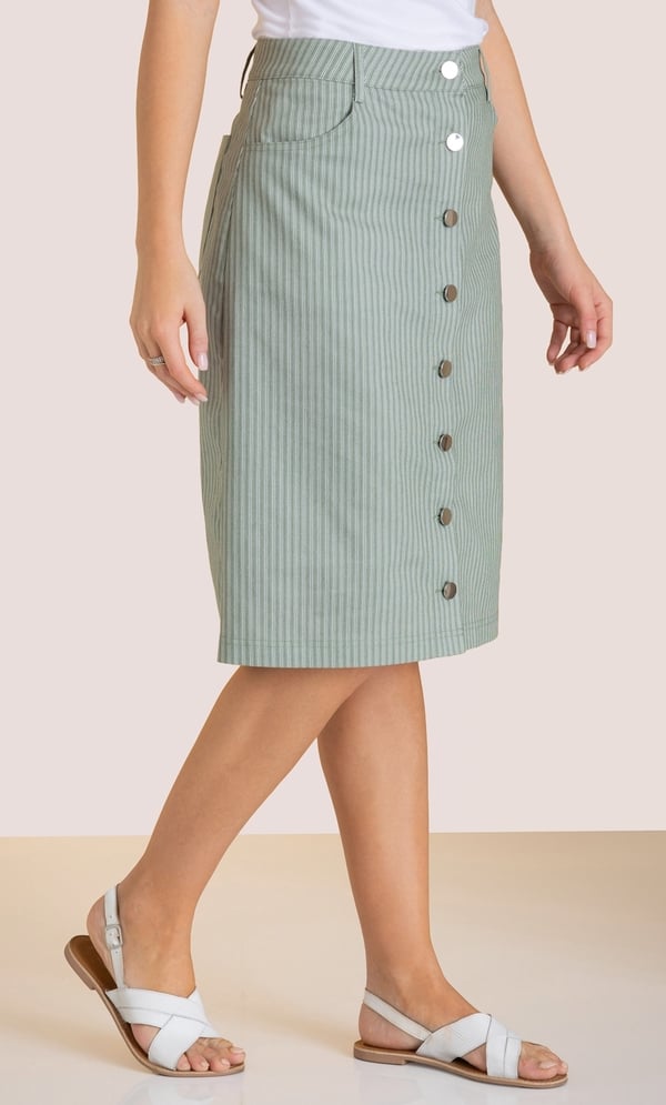 Striped Button Fastening Cotton Blend Skirt
