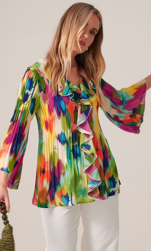 Abstract Print Pleated Ruffle Top in Pink | Klass