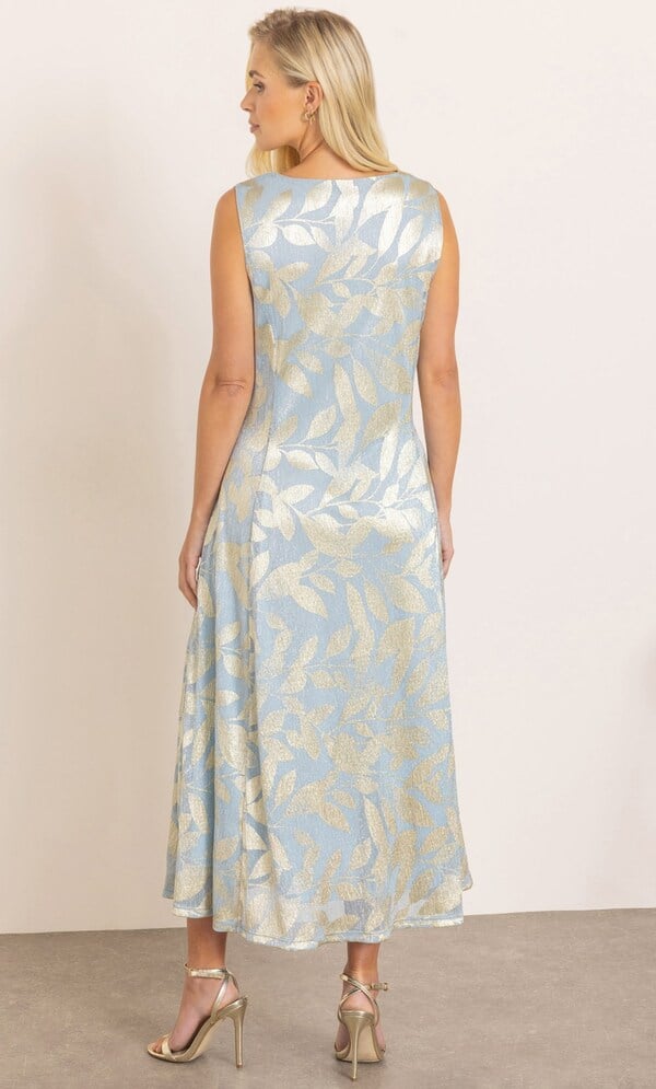 Metallic Leaf Print V Neck Midaxi Dress