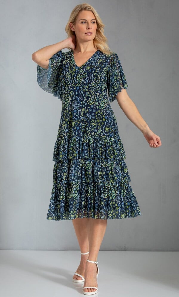 Floral Printed Frill Mesh Dress