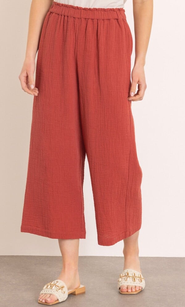 Wide Leg Cropped Cotton Pull On Trousers