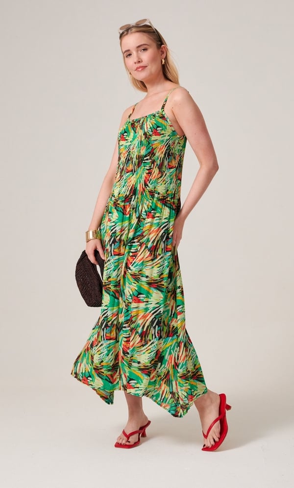 Printed Strappy Pleated Midaxi Dress