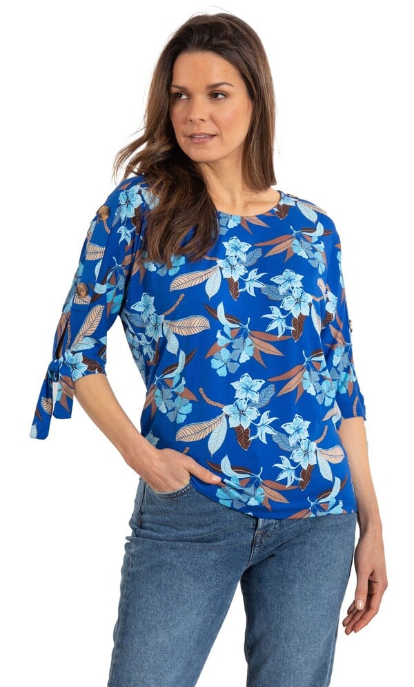 Tie Cuff Floral Print Jersey Top