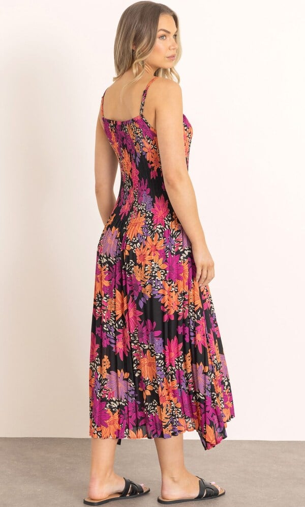 Pleated Floral Print Maxi Dress