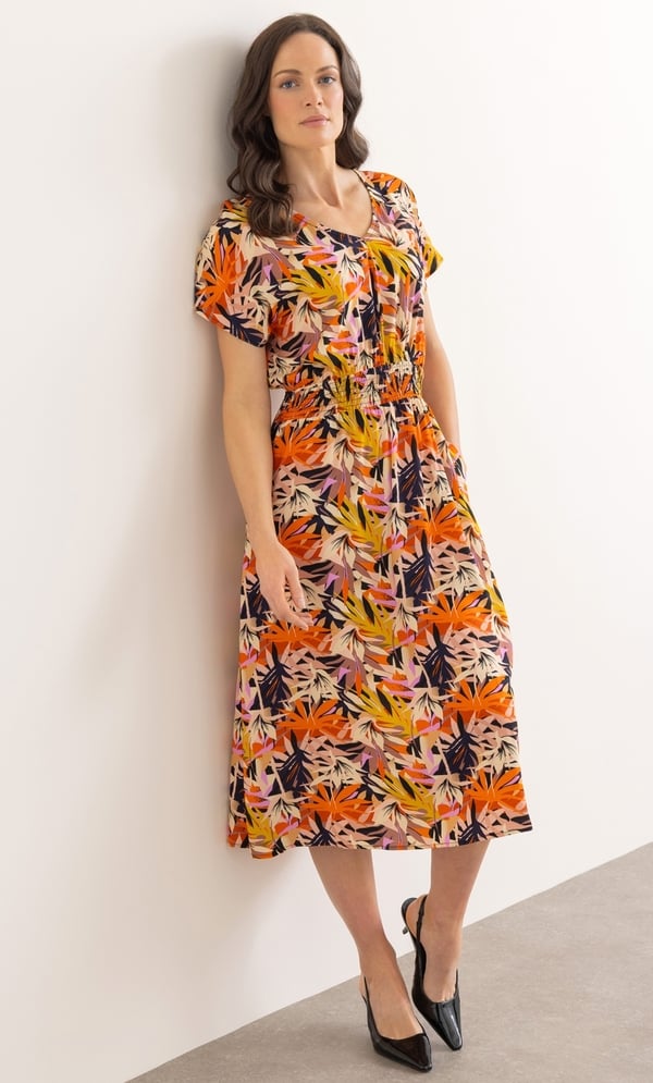 Printed Smocked Waist Midi Dress