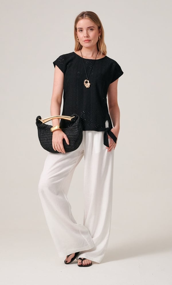 Eyelet Embroidered Tie Front Jersey Top