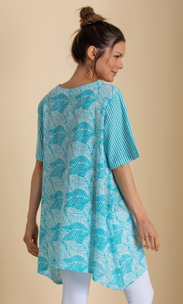 Leaf And Stripe Print Textured Tunic Top