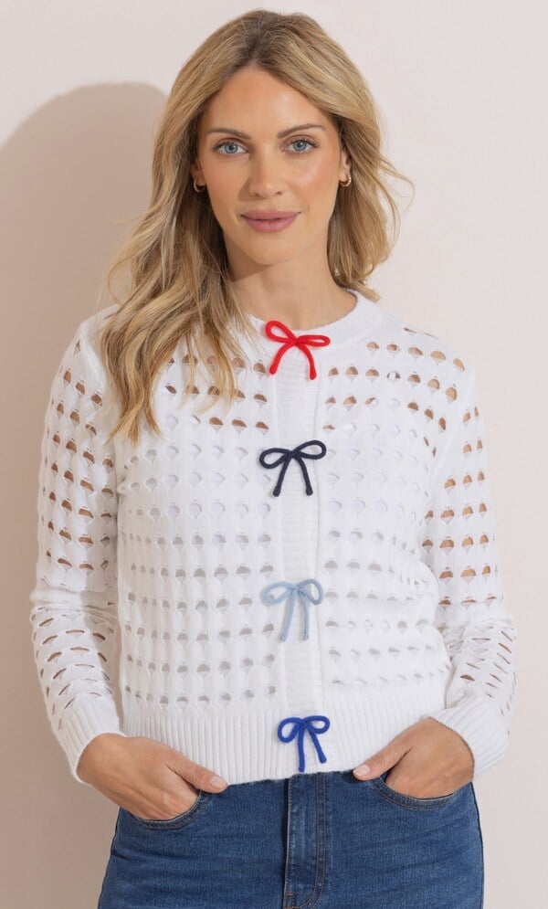 Bow Trim Pointelle Knitted Cardigan