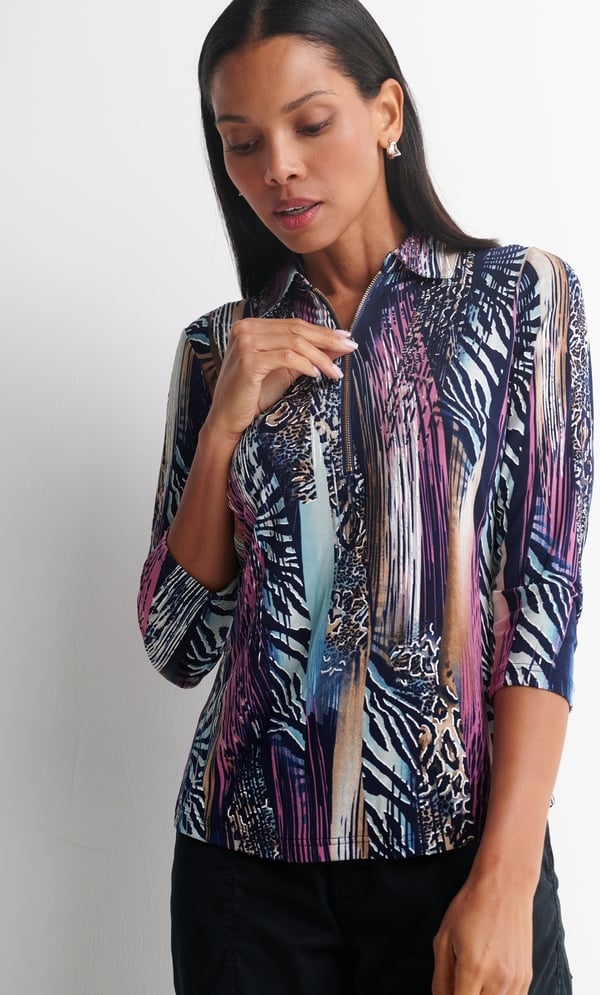 Anna Rose Textured Print Zip Detail Polo Top