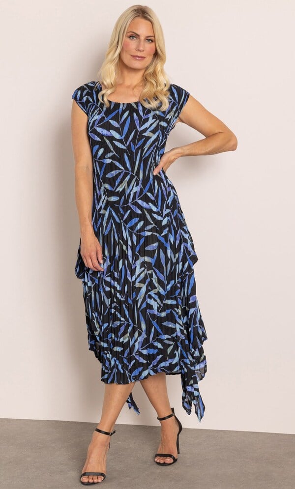 Leaf Print Pleated Midi Dress