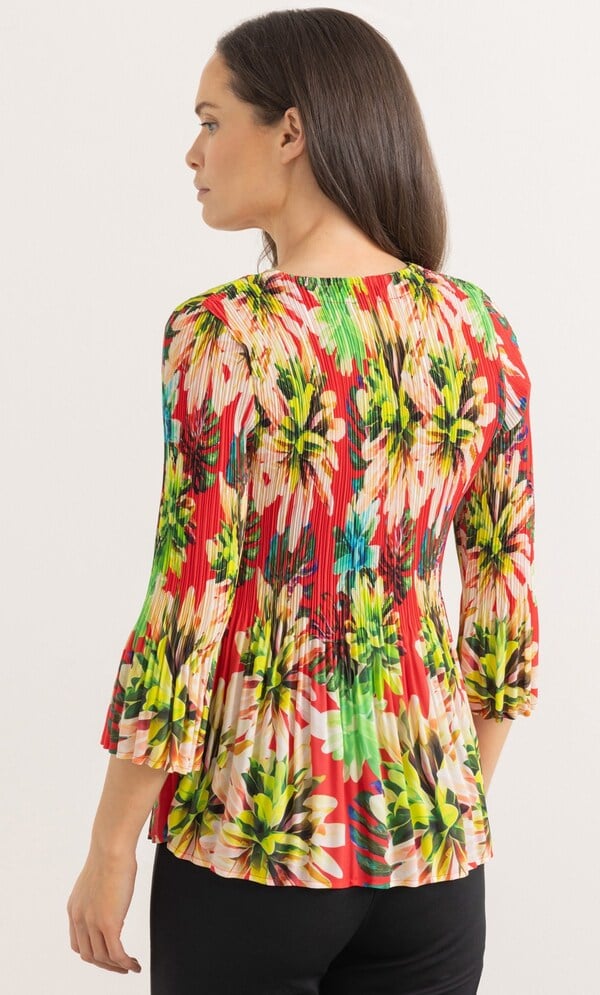 Three Quarter Sleeve Bouquet Printed Pleat Top