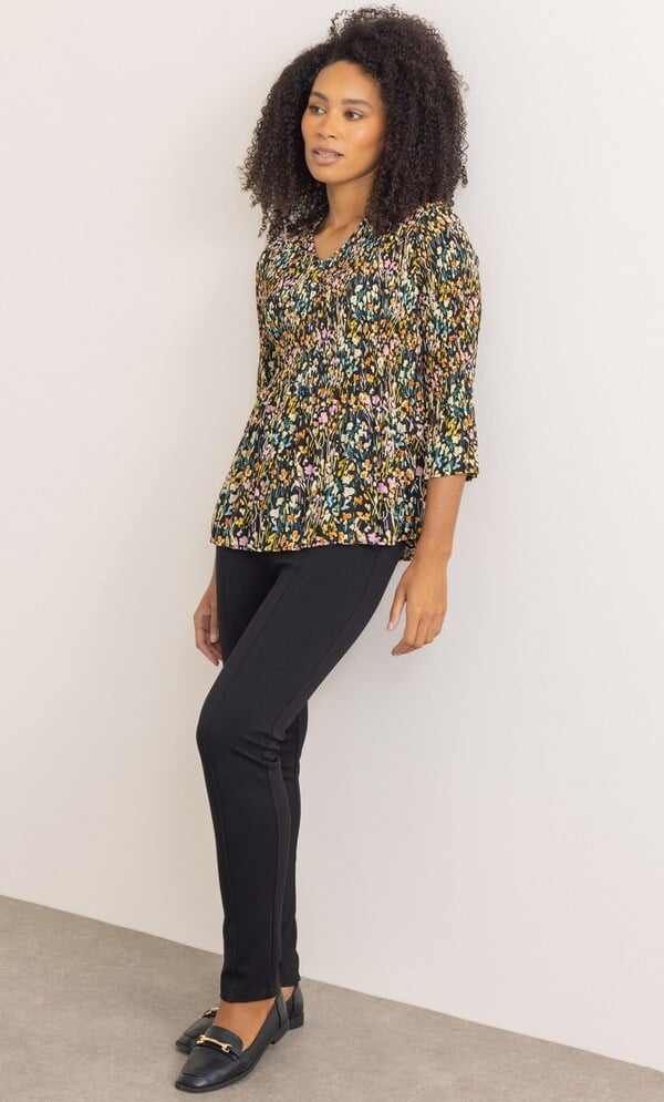 Three Quarter Sleeve Meadow Print Pleated Top