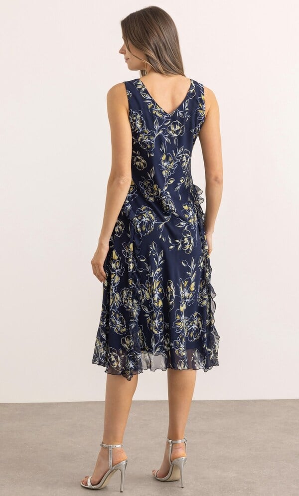 Bias Cut Floral Print Ruffle Midi Dress