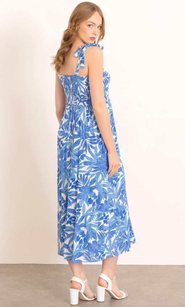 Leaf Print Smocked Maxi Dress