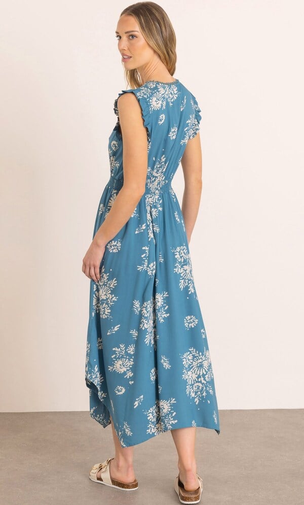 Printed Smocked Waist Dipped Hem Maxi Dress