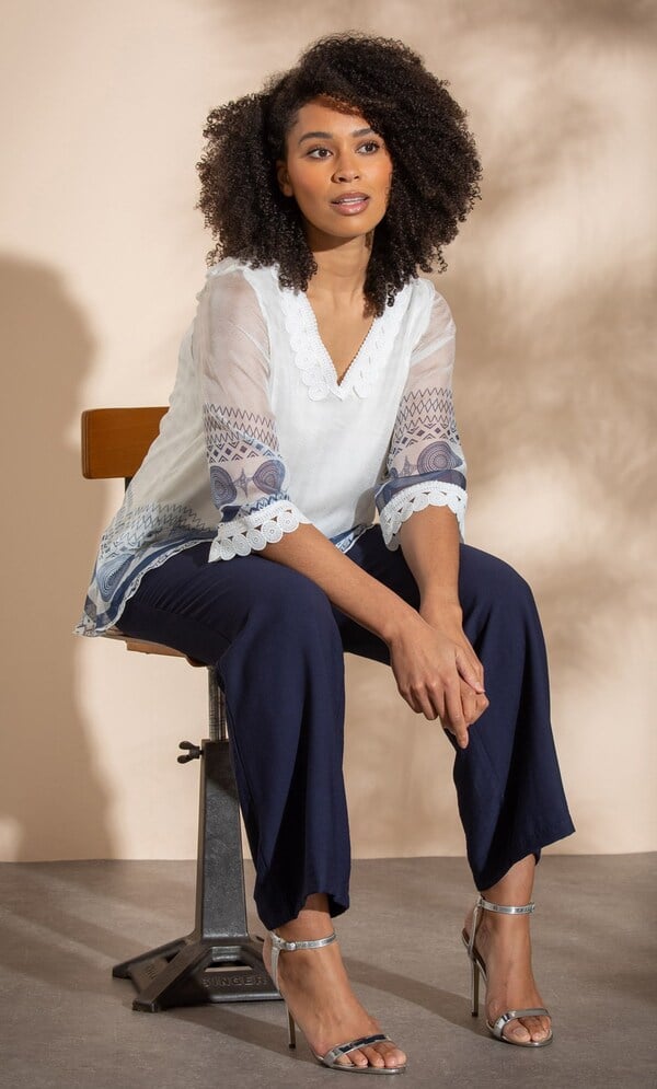 Crochet Trim Printed Chiffon Top