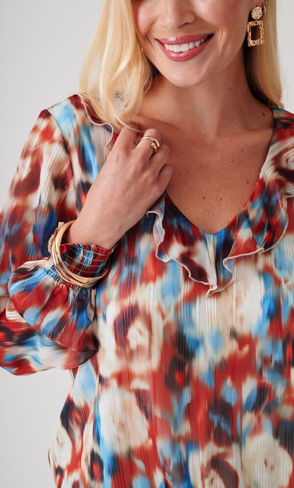 Abstract Print Shirred Hem Blouse