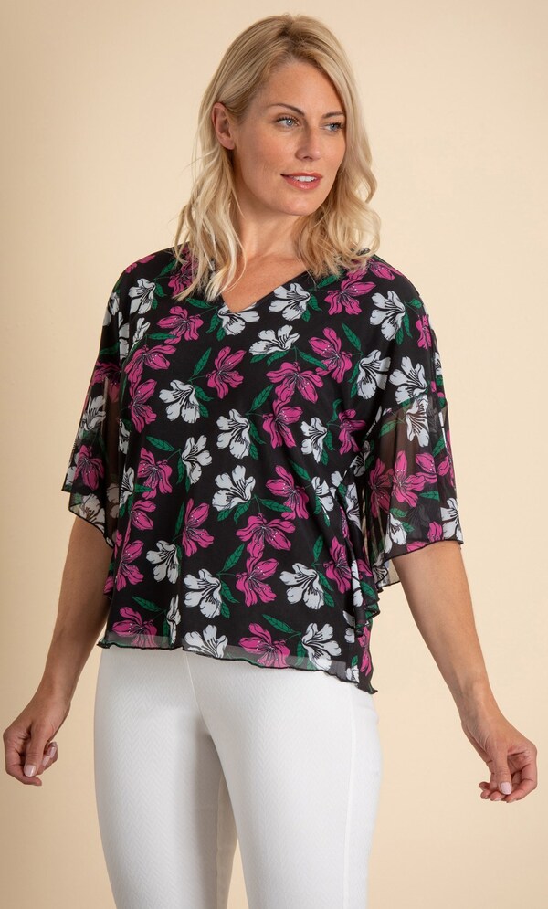 Floral Printed Angel Sleeve Mesh Top