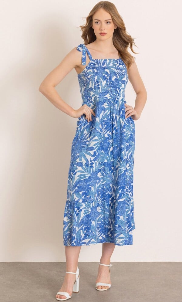 Leaf Print Smocked Maxi Dress